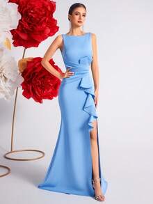 Elisanya Vestido de fiesta, formal y de novia con corte alto, volantes, abertura y espalda descubierta, en unicolor - Celeste - Ver 8