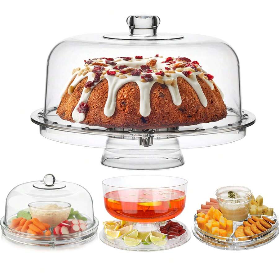 6-In-1 Cake Stand, 12-Inch Cake Plate, With Dome Cover, Multi-Purpose Dinner Plate And Dinner Plate, Can Hold Salad Bowl/Vegetable Platter/Punch Bowl/Dessert Platter/Chips Sauce, Transparent Material, Cake Display Stand And Cake Stand With Cover - Can Be Used As Cake Stand And Cake Cover