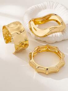 3 件/1 套简约几何波浪竹节形不对称金属手镯套装，适合女性，厚哑光金属和锌合金材质 - 明亮 - 查看 3