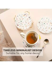 6pcs Terrazzo Absorbent Coasters With Metal Holders, Ceramic Drink Coasters For Coffee Table Decor, Absorbent Stone Beverage Coasters