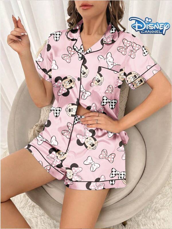 Disney Conjunto de pijama lindo con bolsillo frontal con botones, cenefa de contraste y diseño de Minnie Mouse de Disney