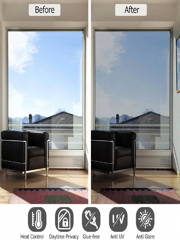 1 rollo de película tintada para ventanas efecto espejo de privacidad de día, autoadhesiva, que bloquea el sol y controla el calor, con protección UV, DIY para hogar y oficina, color plateado