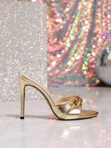 Sexy Fashionable Metal Chain Decor Round Toe Thin High Heel Casual Versatile Mules Gold Color Ladies High Heel Sandals