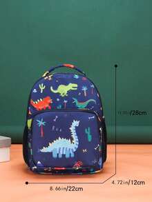 1pc Nylon Zipper Closure Fashionable Cartoon Backpack, Indie Design Adjustable Shoulder Strap Bag, Cute Coconut Tree & Dinosaur Print Pattern Backpack, Perfect Gift For Teenagers - Navy Blue - View 5