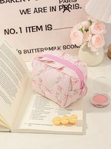 1Pc/Set Striped Floral&Bowknot Print Quilted Tote Bag Makeup Bags Cute Cosmetic Bag Shoulder Bag Travel Bag Make Up Bag Toiletry Bag Skincare Bag Shower Bag Purse Tampon Bag Zipper Multi-Functional Storage For Cosmetics,Skin Care,Mac Book,Jewelry,Coin,Small Items Makeup Bag Set Travel Makeup Bag Gift Friends Valentine Day's Gift Bridesmaid Gifts Mom Gifts Teacher Gifts Travel Essentials Cruise Essentials Dorm Essentials - Pink - View 14