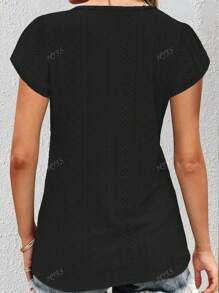 Blusa casual da donna con scollo a V, pannello in pizzo, maniche corte a petalo floreale, colore unito