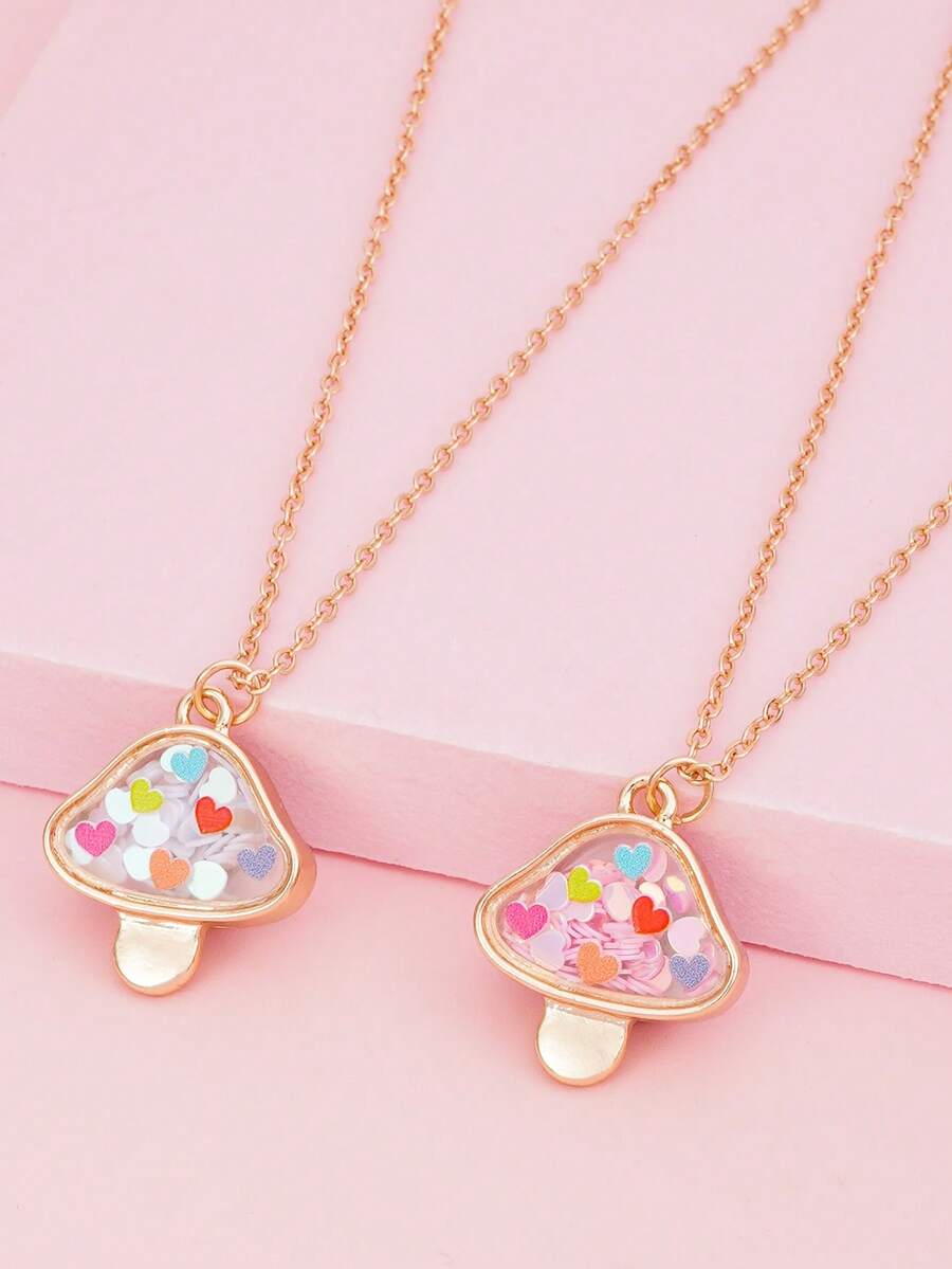 1pc Heart Sequin & Mushroom Zinc Alloy Pendant Necklace, Gift For Girl Friends - Multicolor - View 1