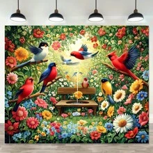 1 pieza de decoración de pared de escena vibrante del bosque de primavera, hecha de fibra de poliéster, sin necesidad de electricidad, con pájaros coloridos y flores en floración, perfecta para el ambiente familiar y de fiesta