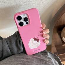 1pc White With Red Cherry Design Phone Case Compatible With Apple Phones - Hot Pink - View 4