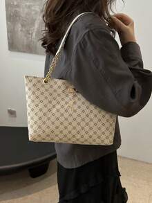 Bolso de mano de gran capacidad para mujer, bolso de hombro con cadena elegante, nueva bolsa de moda para debajo del brazo, bolso de lino retro - Blanco 2 - Ver 6