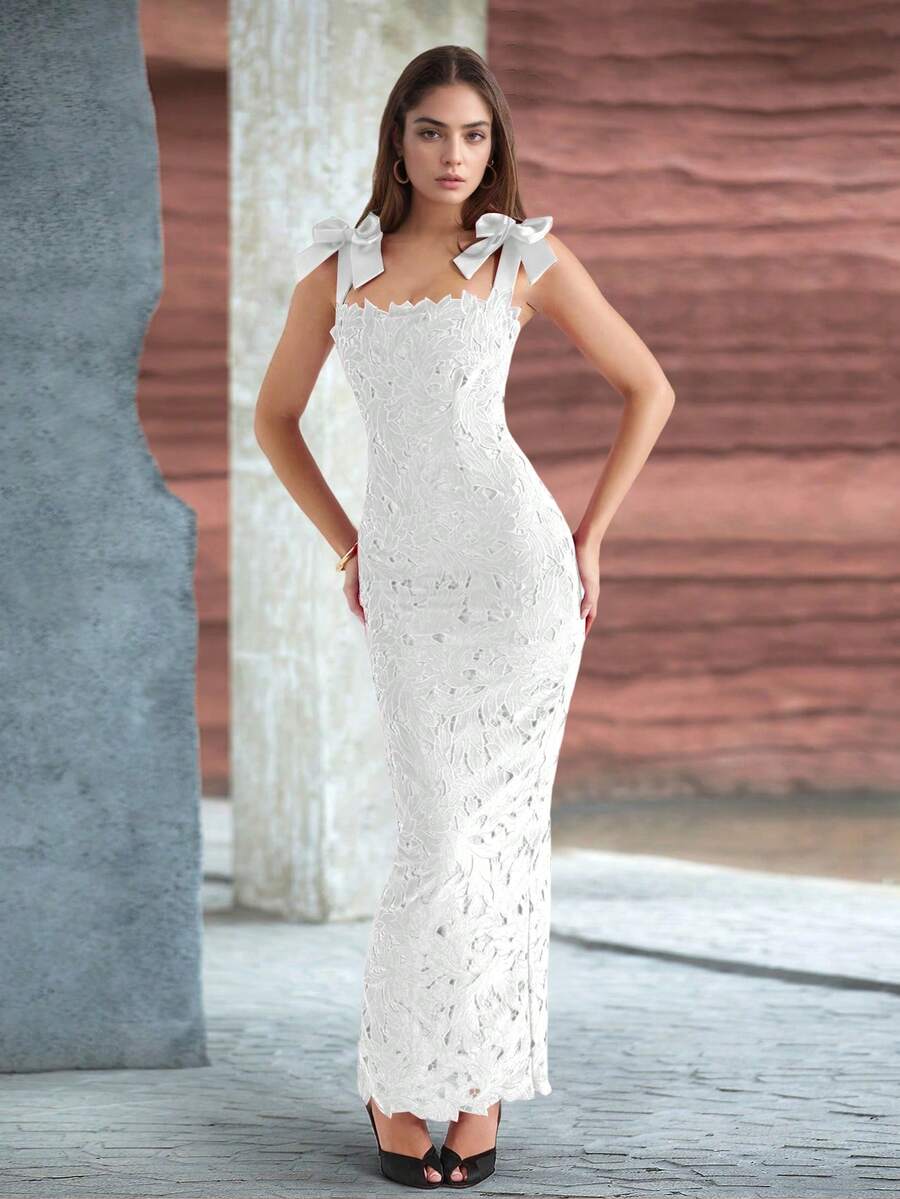 优雅黑色蕾丝镂空奢华晚礼服，饰有蝴蝶结，修身剪裁，适合白色婚纱 - 白色 - 查看 1