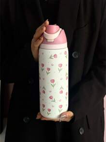 1pc Pink Tulip Pattern 24oz-32oz-40oz Double Wall Stainless Steel Vacuum Insulated Sports Water Bottle, Tumbler With Straw, Suitable For Sports, School, Travel, Gym, Gift For Holidays, Birthday