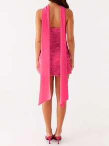 Women Sequin Beaded Sheer Tube Dress Sparkly Embroidery Strapless Rhinestone Embellished Backless Bodycon Mini Dress With Choker Scarf