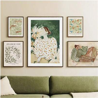 1 pièce Affiches avec cadre optionnel, Arts muraux Vintage Fille rayée Vase Feuille Fleur Café Abstrait Affiches et Impressions Art mural Peinture sur canevas Images pour décoration de salon, Hôtel Bar, avec cadre