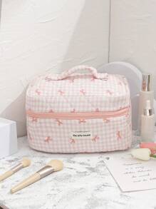 1 Piece Pink Plaid Cosmetic Bag, Bow Pattern, Girly Heart Design, Multifunctional Cosmetic Storage Pouch Portable Cosmetic Brush Clutch Bag With Zipper Closure, Ready For Lipstick