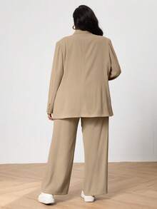 Plus Size Casual Commute Solid Color Suit Jacket And Pants Set - Khaki - View 3
