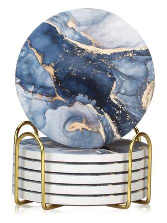 6 Pcs Navy Blue Marble Abstract Ceramic Coasters With Holder Best Absorbent Drink Coasters Round Ceramic Table Coasters Set Decorative Coffee Cup Beverage Coasters Wine Beer Bar Coasters