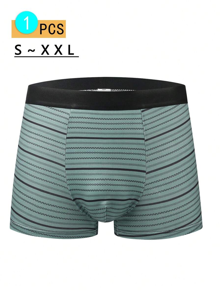1pc Men's Casual Colorblock Striped Polyester Stretch Waistband Comfortable Thin Boxer Briefs, Spring/Summer/Autumn - Green - View 1