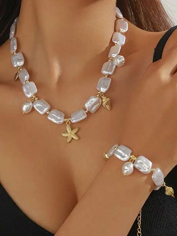 Elegant Baroque Faux Pearl Necklace For Women – Golden-Tone Vintage Choker With Irregular White Faux Pearl & Star Charms, Perfect Jewelry Gift For Birthdays Or Mother's Day, Faux Pearl Jewelry