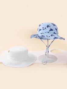 2pcs Kids White & Shark Print Summer Beach Sun Hat With Chin Strap, Sun Ion - White + Shark - View 3