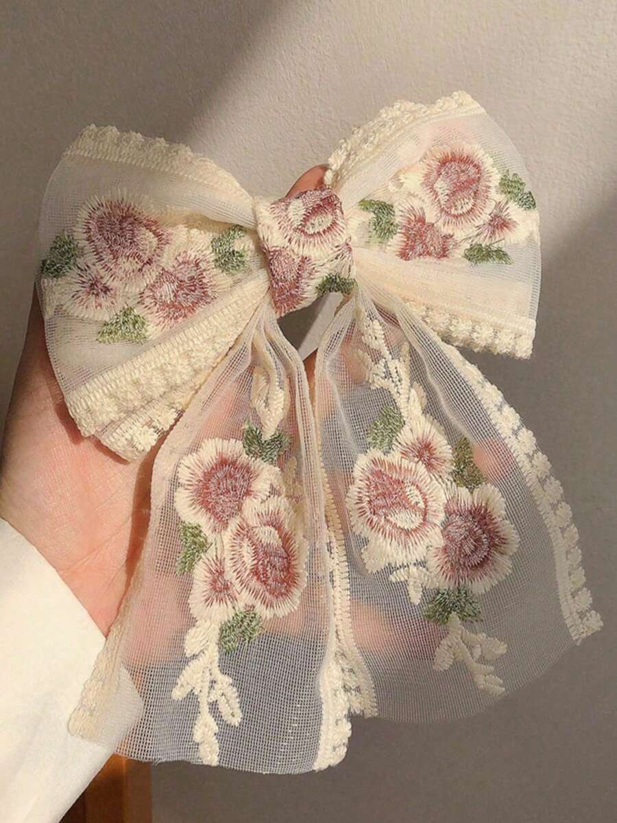 1个女士彩色玫瑰刺绣蕾丝蝴蝶结发夹，精致刺绣弹簧夹发卡，适合马尾辫、发髻，母亲节、返校季、复活节、节日礼物、新年、头部饰品、女士发饰 - 彩色 - 查看 1