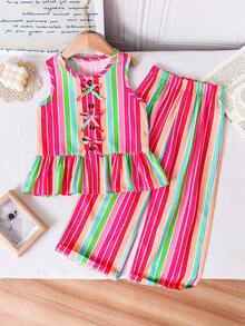 女童彩虹条纹无袖蝴蝶结上衣和阔腿裤两件套，可爱甜美，夏季度假休闲装 - 彩色 - 查看 1