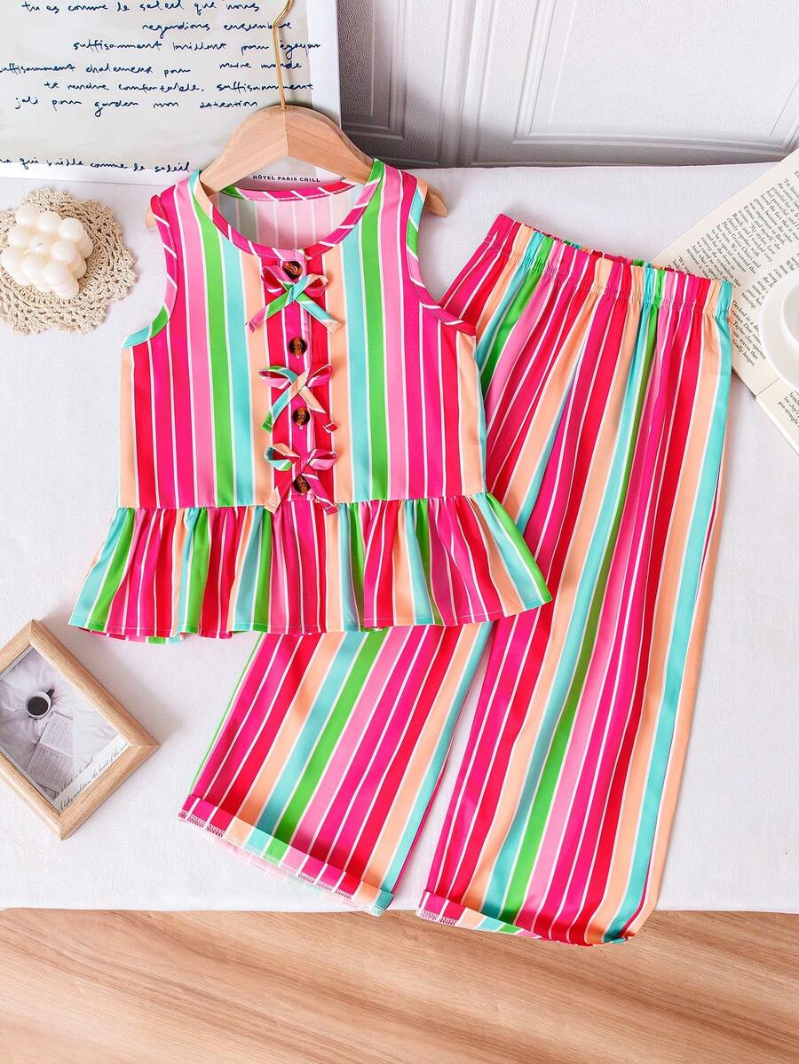 女童彩虹条纹无袖蝴蝶结上衣和阔腿裤两件套，可爱甜美，夏季度假休闲装 - 彩色 - 查看 1