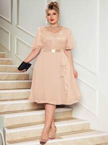 Plus V-Neck Sequin Floral Lace Contrast Chiffon Butterfly Sleeve Ruffle Hem Evening Party Swing Dress, Elegant Prom Semi Formal Wedding Guest Dress, For Birthday, Graduation, Dinner Date - Champagne - View 5