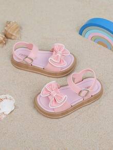 1 par de sandalias planas de unicolor para niñas con diseño de lazo y cierre de , adecuadas para el verano - Rosa - Ver 4
