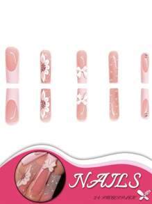 24pcs/Set Square-Shaped Press-On French False Nails With 3D Bowknot Design And White Border, Comes With Jelly Glue And Nail File. Suitable For All Women, Great For Daily Outfits And Makes Your Nails More Charming.