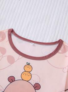 Set de 2 piezas Pijamas de manga corta para niños, nuevos pijamas de verano ligeros con cuello redondo y estampado de capibaras de dibujos animados abstractos, aptos para uso al aire libre, de niña pequeña a adolescente