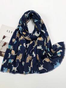 1 件女式波西米亚风格流苏猫印花围巾披肩