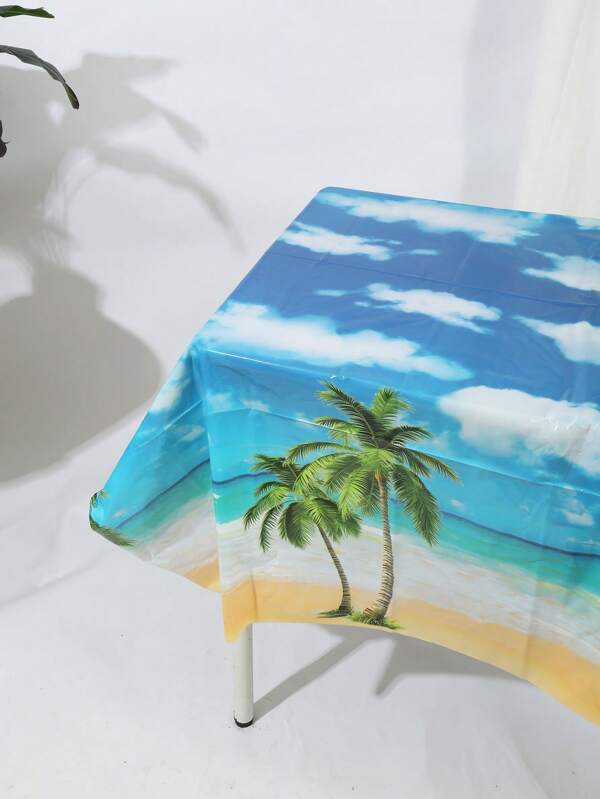 3pcs/Set 137*274CM/53.94*107.87IN Disposable Tablecloth For Party Decoration, Summer Blue Sky White Cloud Waves Beach Palm Tree Pattern Tablecloth, Suitable For Various Theme Parties And Daily Decoration, Can Be Used As Background Cloth