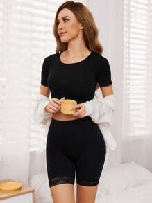 Shorts de ciclista con aplique de encaje, shorts de deslizamiento cómodos y suaves con estiramiento sin costuras para mujer, para usar debajo de vestidos