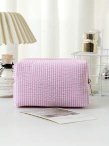 1 pieza de bolsa de maquillaje de seersucker, una bolsa de tocador de gran capacidad para llevar en la mano, bolsa de almacenamiento de cosméticos de viaje con bordado a rayas, esencial de viaje para vacaciones, verano, vuelta al colegio, bolsa escolar, bolsa de viaje para mujeres, bolsa de maquillaje para viajes