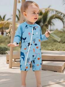 Baby Boy UV Swim Set - Long Sleeve Rash Guard With Ocean Animal Print  Zip-Up Bathing Suit 0-24M - Blue - View 6