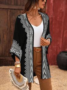 Große Größen Damen Geometrisch bedruckter Fledermausärmel lockere Strickjacke für den Urlaub