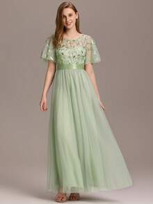 EVERPRETTY 荷叶边袖绿色花卉亮片网纱鸡尾酒礼服，优雅半正式晚礼服，鼠尾草绿伴娘礼服，婚礼宾客礼服 - 薄荷綠 - 查看 2