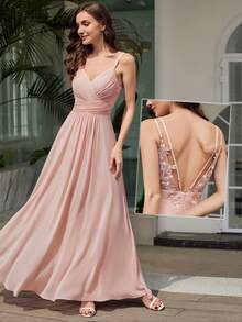EVERPRETTY Summer Elegant Solid V-Neck Ruched Draped Split Pink Bridesmaid Dresses For Graduation - Baby Pink - View 10