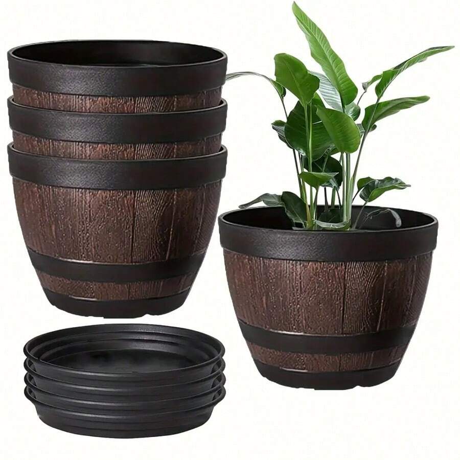1 pieza Maceta de estilo vintage de barril de whisky con bandeja - 1 base + 1 maceta, maceta de plástico a rayas con agujeros de drenaje, adecuada para uso en interiores y exteriores, ideal para cultivar hierbas, flores frescas, suculentas - Maceta de jardín redonda