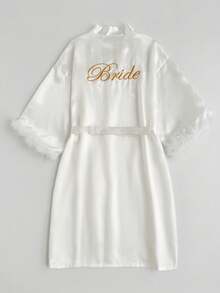 Wedding Bathrobe White Bridal Robe With Gold Embroidery Nightwear - 白色 - 查看 4