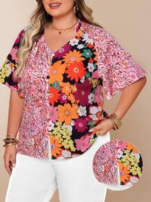 Plus Size Women's Cute Button Ruffle Short Sleeve Colorblocked Floral Print V-Neck Elegant Blouse For Summer