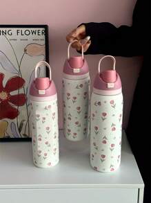 1pc Pink Tulip Pattern 24oz-32oz-40oz Double Wall Stainless Steel Vacuum Insulated Sports Water Bottle, Tumbler With Straw, Suitable For Sports, School, Travel, Gym, Gift For Holidays, Birthday