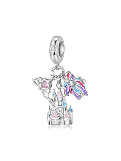 WOSTU 1pc 925 Sterling Silver Cute Fireworks Castle Charm Cute Pink Heart-Shaped Pendant Fit DIY Original Bracelets And Necklaces For Women Fine Jewelry Accessories