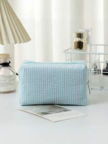 1 pieza de bolsa de maquillaje de seersucker, una bolsa de tocador de gran capacidad para llevar en la mano, bolsa de almacenamiento de cosméticos de viaje con bordado a rayas, esencial de viaje para vacaciones, verano, vuelta al colegio, bolsa escolar, bolsa de viaje para mujeres, bolsa de maquillaje para viajes