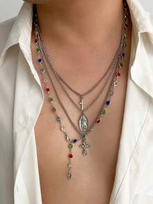 3/4pcs Vintage Luxury Colorful Crystal Y-Shaped Necklace, Men's Punk Metal Jesus Cross Pendant Long Necklace Set - Style 1 - View 16