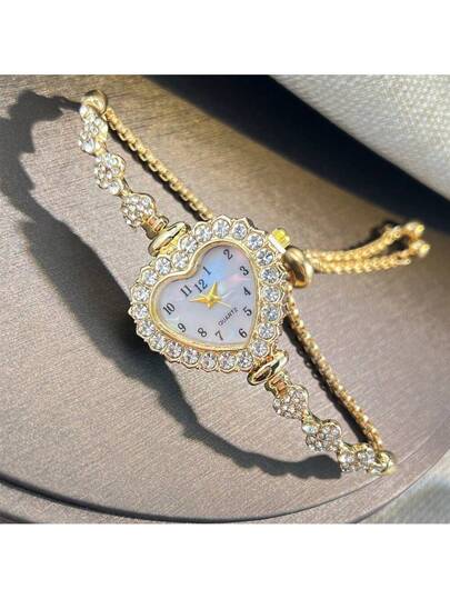 1pc Heart Shaped Rhinestone Dial Arabic Numeral Display Pull Tab Chain Convenient Quartz Horloge view 3