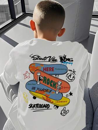 1 pièce T-shirt à manches courtes pull-over à graphique de planche de skate blanche pour garçon préadolescent, convient pour les jeunes étudiants, Top d'été pour les garçons préadolescents