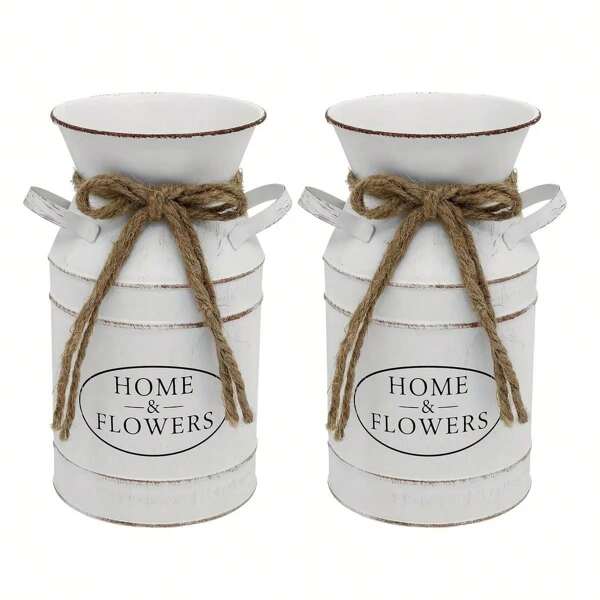 Vase à fleurs galvanisé vintage de style ferme - Pot de lait crème blanc délavé et patiné avec l'étiquette "Fleurs fraîches de la maison", parfait comme centre de table et décoration d'intérieur