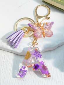 One Initial Keychain For Girl And Ladies, Pink Cute Dry Flower Dandelion Key Chain, Backpack/Handbag Decoration, Butterfly Tassel, Gift Car Accessories Bag Charm School Goth Y2k